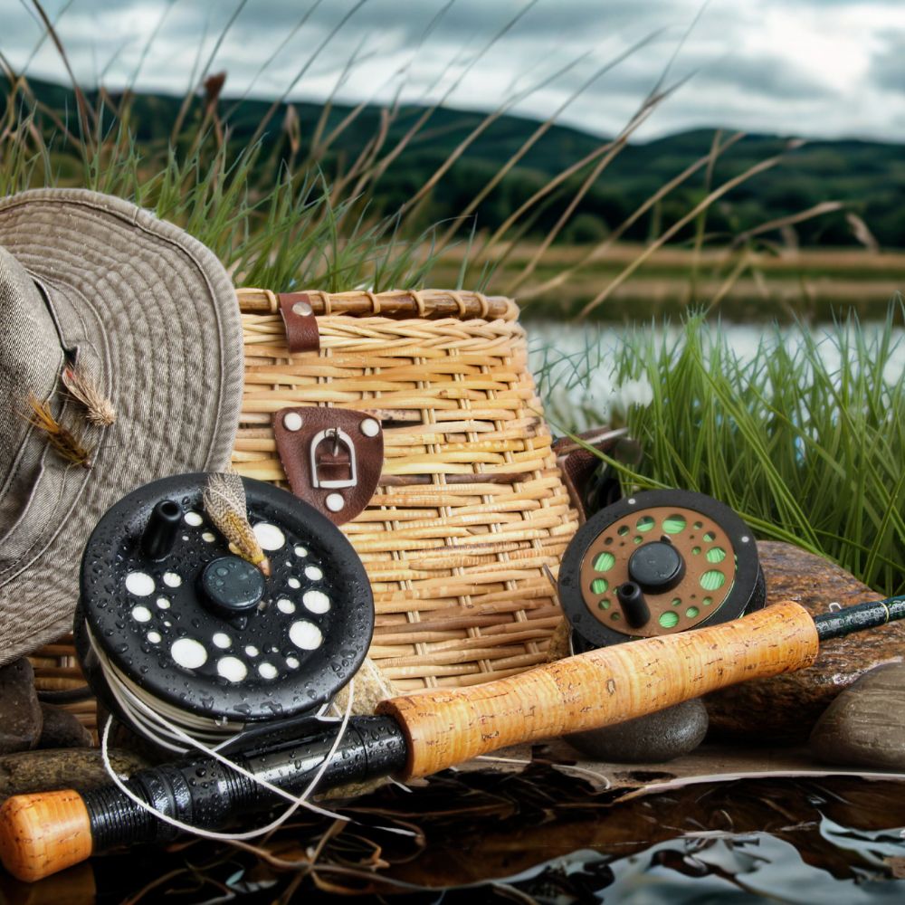 Fishing rod, reel, and wicker basket on a grassy bank with a lake and mountains in the background.