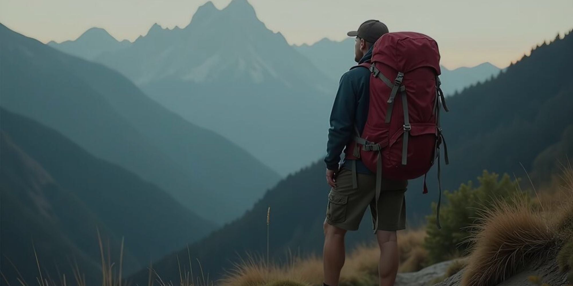 Person with a red backpack standing on a mountain trail with mountains in the background