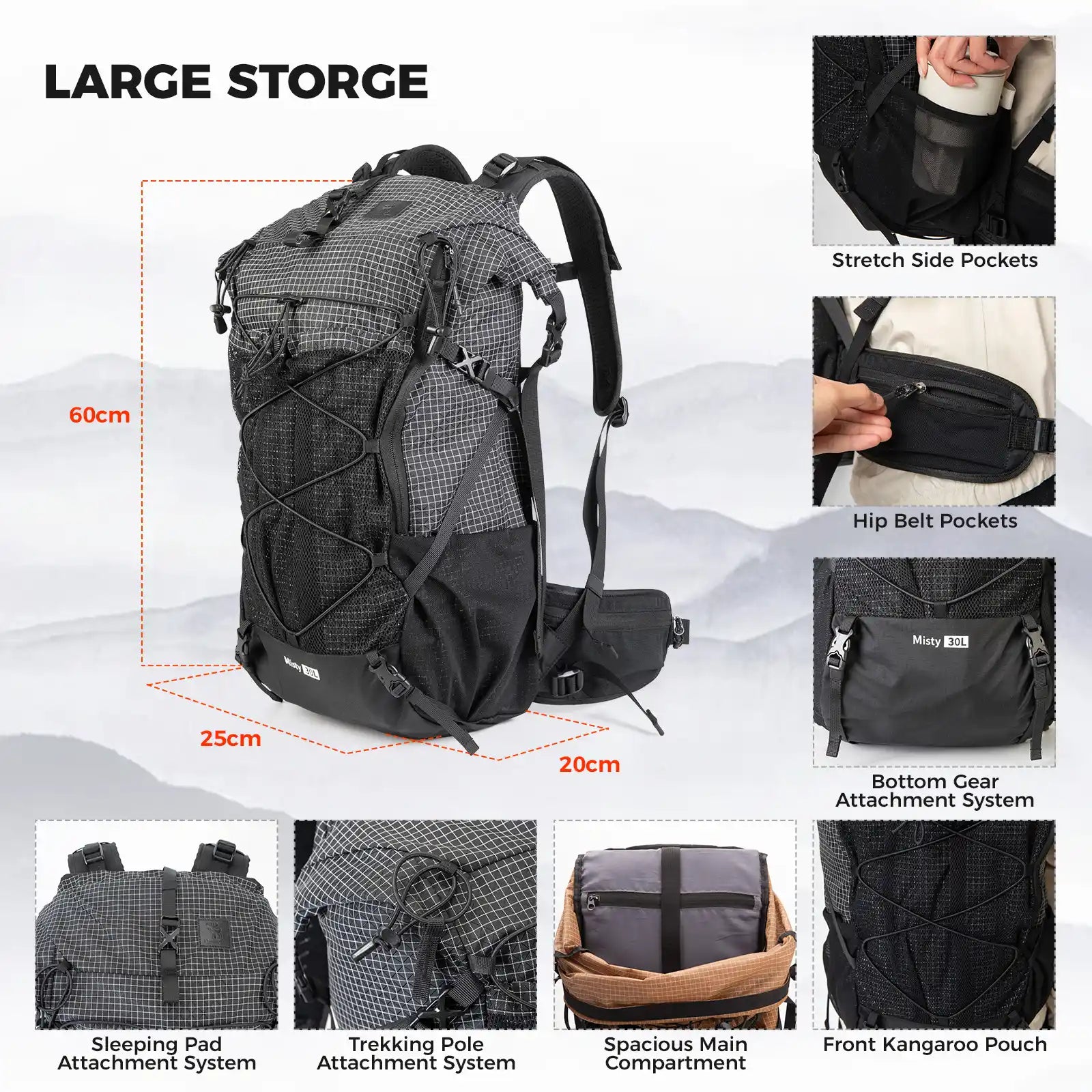 30 35L Hiking Backpack Lightweight Waterproof Outdoor Daypack Travel